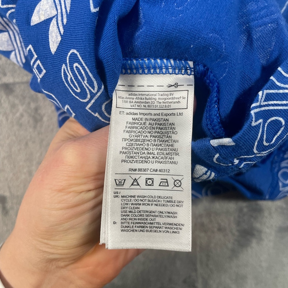 Adidas Originals Mens Blue White All Over Logo Print T-Shirt Trefoil Size Large - Picture 3 of 6
